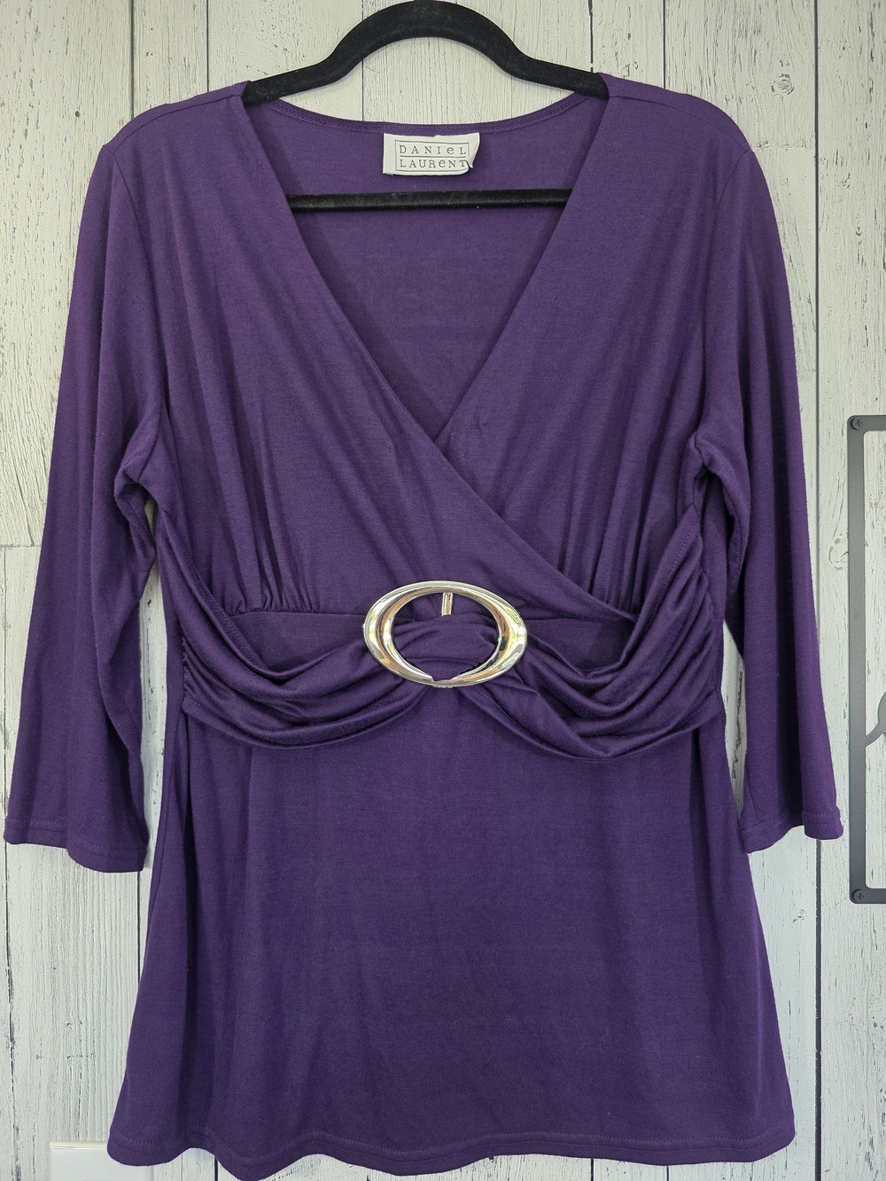 Daniel Laurent Purple Ruched Buckle Top Size Large Business Office Casual Y2K